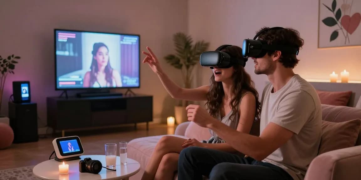 Couple exploring modern ai sex technology in a cozy studio setting.