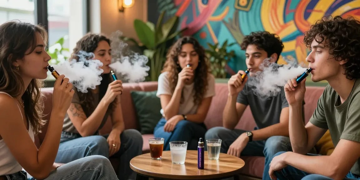 Group of friends enjoying THC vapes in a vibrant urban lounge atmosphere.