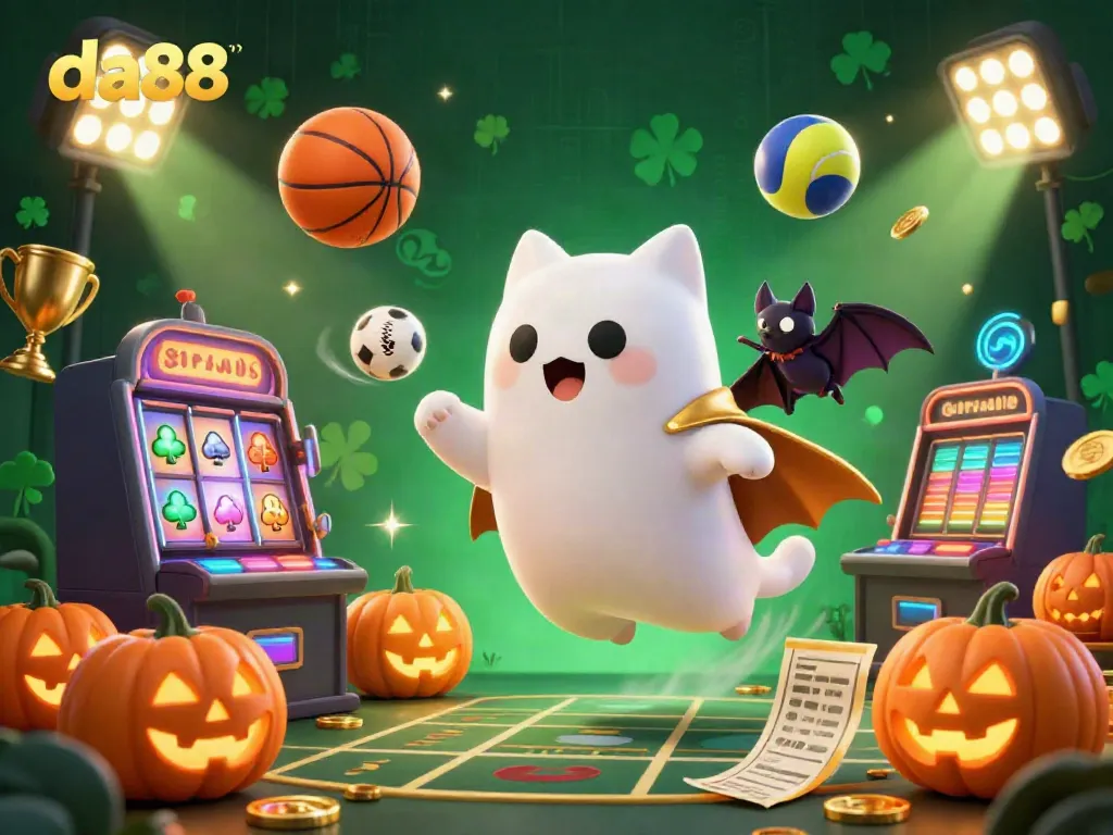 Experience the thrilling ambiance of da88 with a lively ghost cat and vampire bat in a haunted casino.
