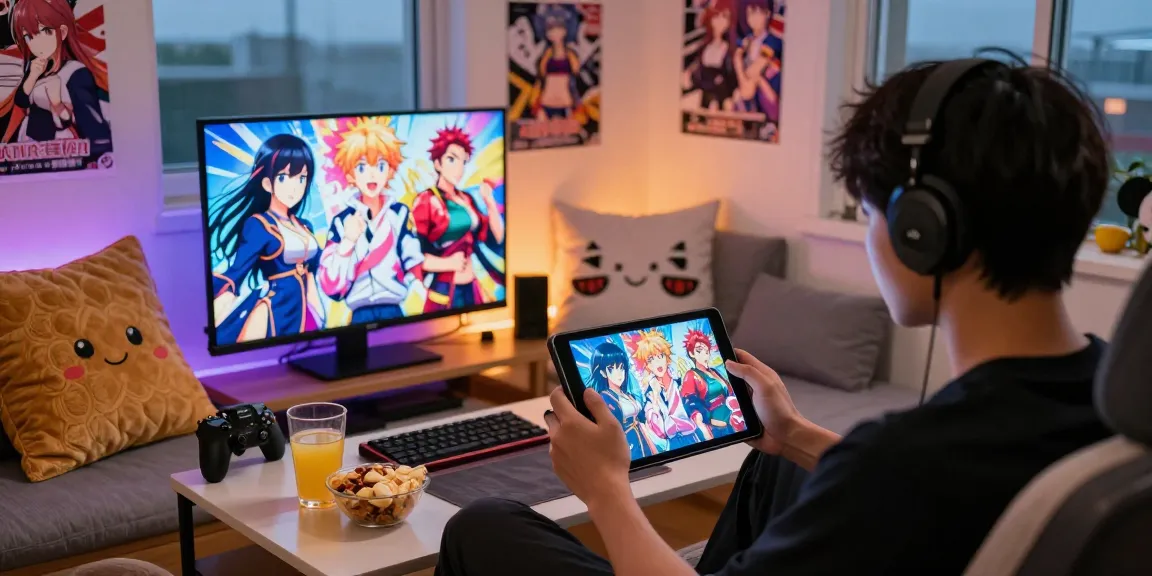 Playing engaging hentai game online in a cozy gaming setup with vibrant game art and snacks.