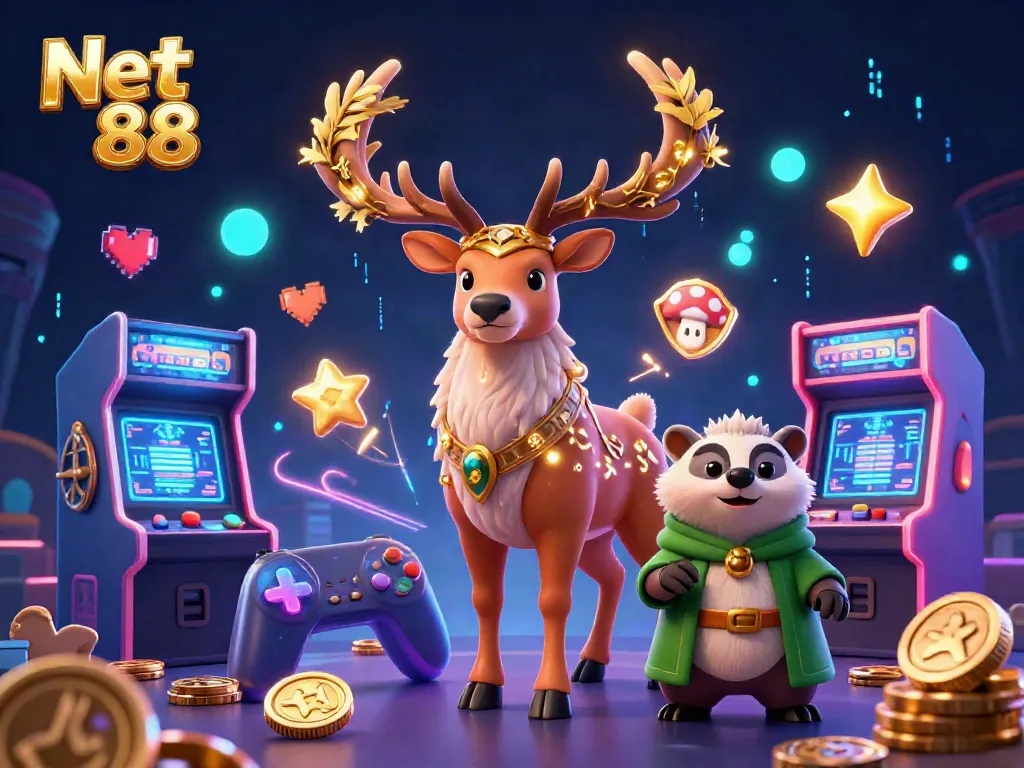 Engage in thrilling bets at Net 88 with a vibrant casino adventure illustration featuring gaming elements and characters.