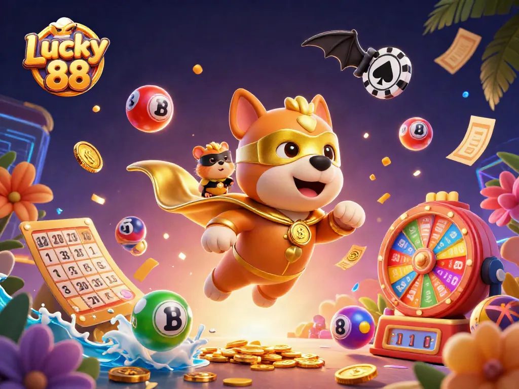 Engage in a thrilling Lucky 88 gaming experience with vibrant visuals and action-packed casino elements.