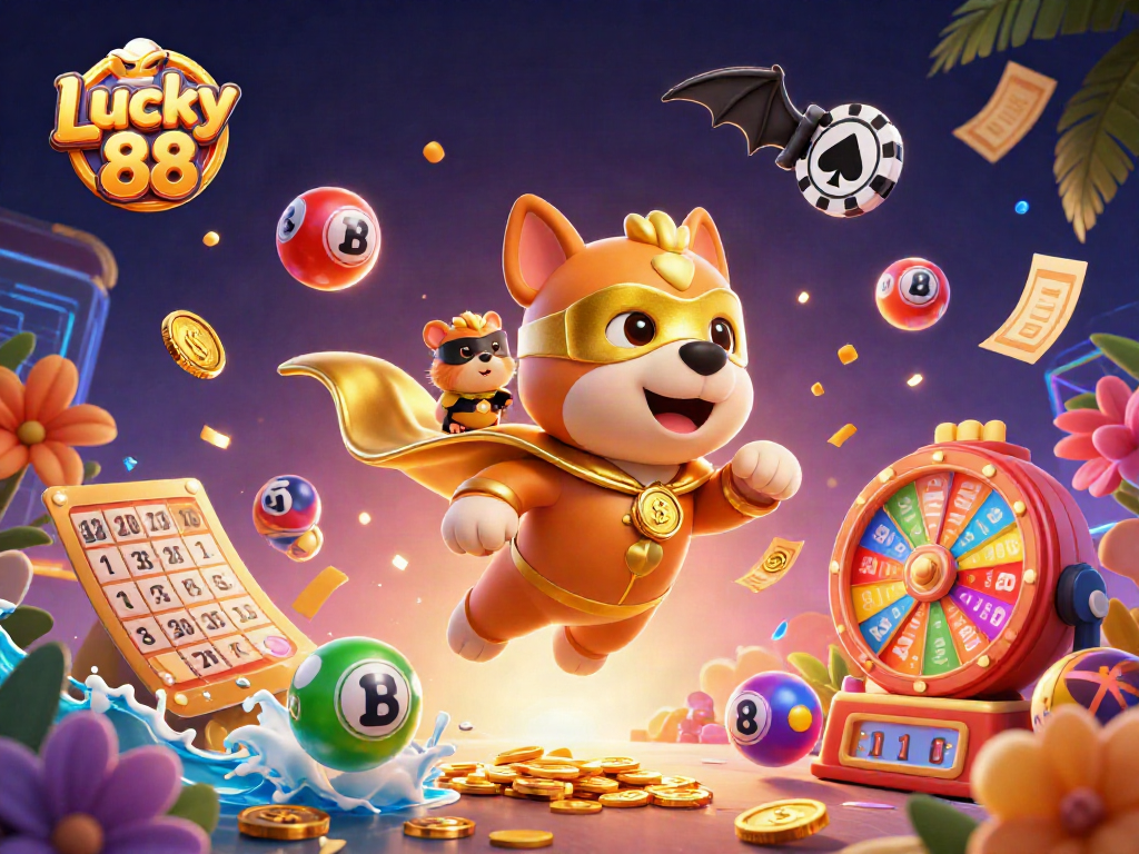 Engage in a thrilling Lucky 88 gaming experience with vibrant visuals and action-packed casino elements.