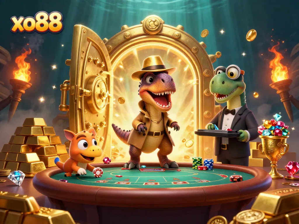 Experience thrilling gambling at xo88 with cartoon characters in action at a blackjack table surrounded by treasures.