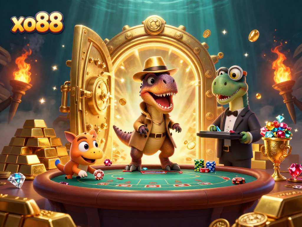 Experience thrilling gambling at xo88 with cartoon characters in action at a blackjack table surrounded by treasures.