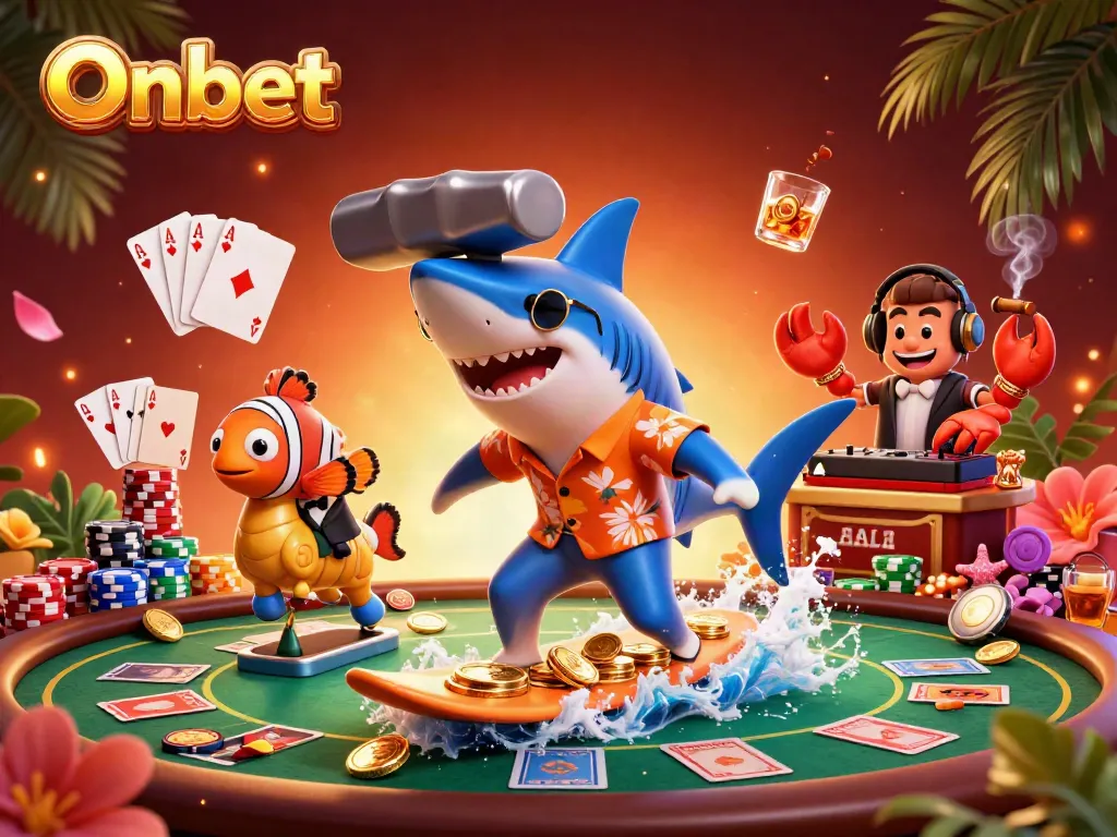 Onbet showcases a lively 3D scene with a shark surfing gold coins amidst vibrant casino elements.