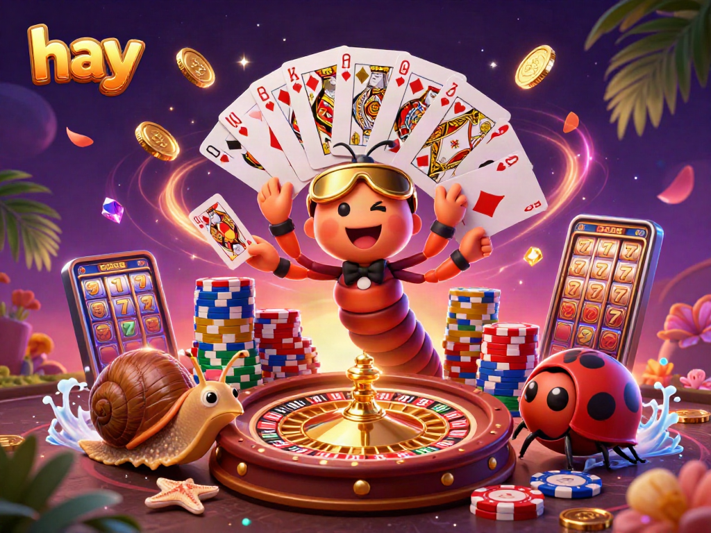 Engage with hay casino fun featuring a millipede dealer, snail high-roller, and vibrant game elements.