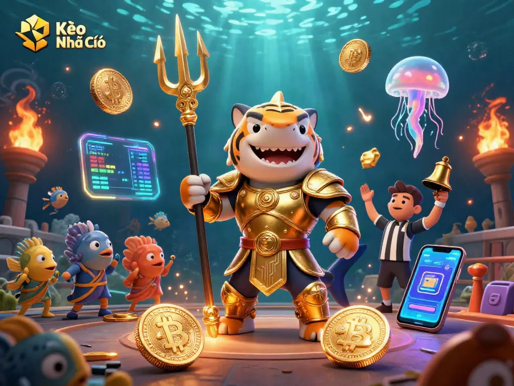 Engage with Kèo Nhà Cái in a stunning underwater arena featuring a golden armored shark and crypto elements