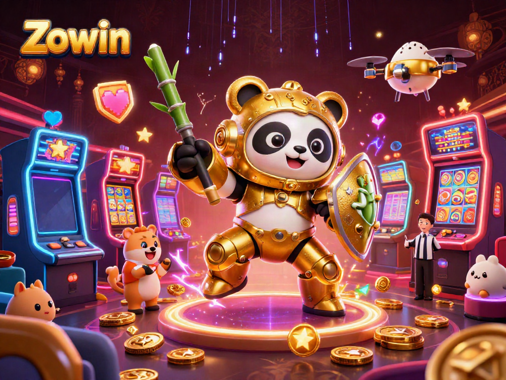 Zowin showcases a thrilling casino atmosphere with a mech-suit panda pilot and vibrant slot machines.