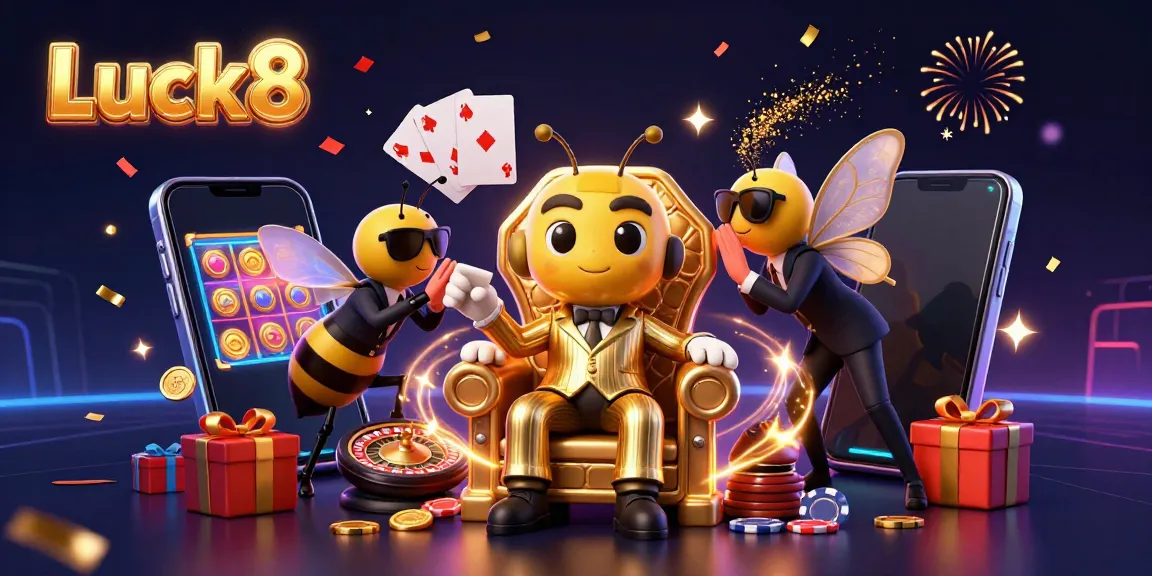 Experience the excitement of Luck8 in a vibrant scene featuring a cartoon bumblebee mob boss amidst a plethora of colorful gaming elements.
