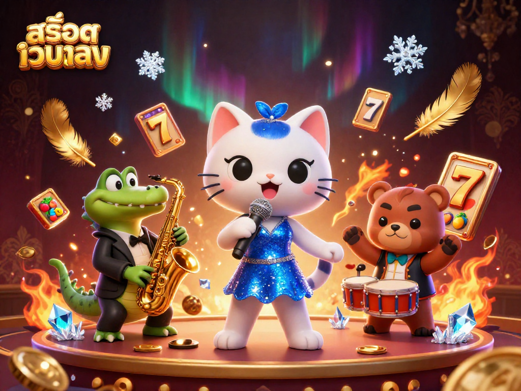 Engage in thrilling spins at สล็อตเว็บตรง with a jazzy cat, crocodile, and bear in a vibrant casino.