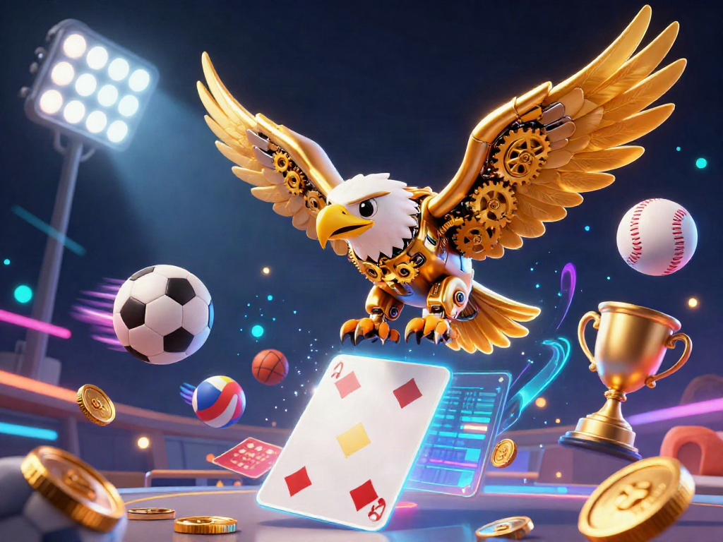 Experience an exhilarating dive with hit-club's golden eagle amidst holographic cards and dynamic sports elements.