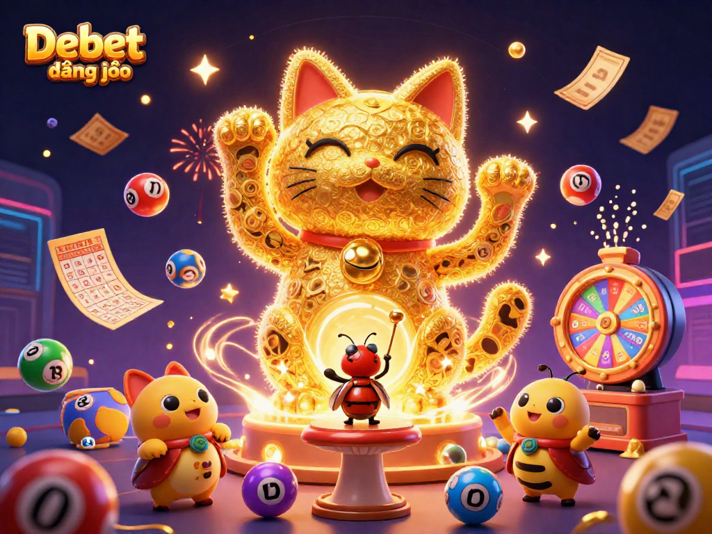 Win with Debet đăng nhập as golden fireflies form a lucky cat amidst casino symbols.