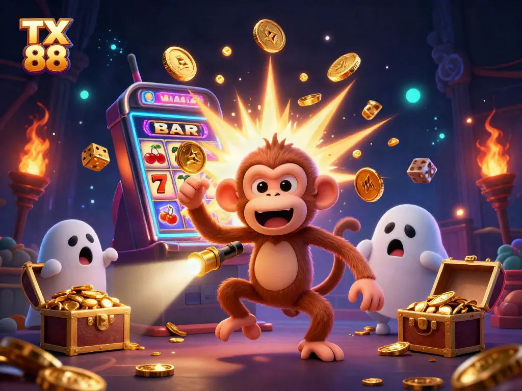 Experience the thrill of online gaming at TX 88 with our lively casino scene, filled with golden treasures and playful characters.