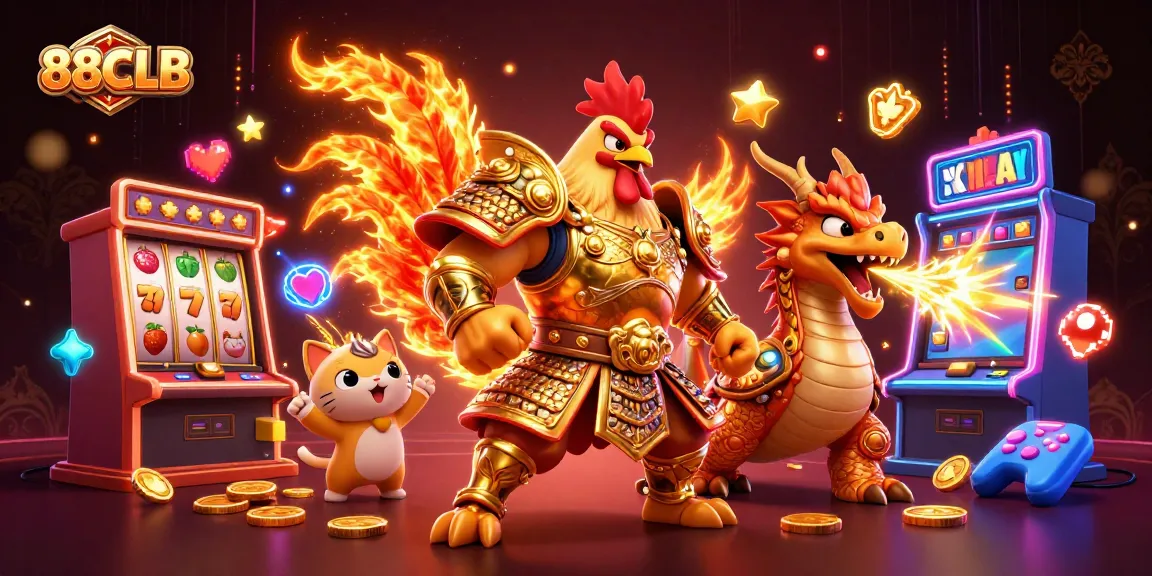 88CLB offers thrilling slots and games amidst vibrant, playful casino characters.