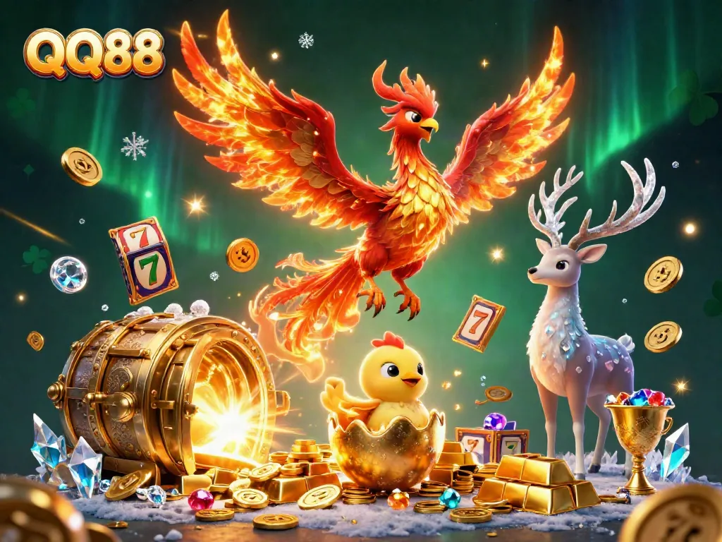 Explore the exciting world of QQ88 with dynamic casino elements including a phoenix, gems, and treasures.