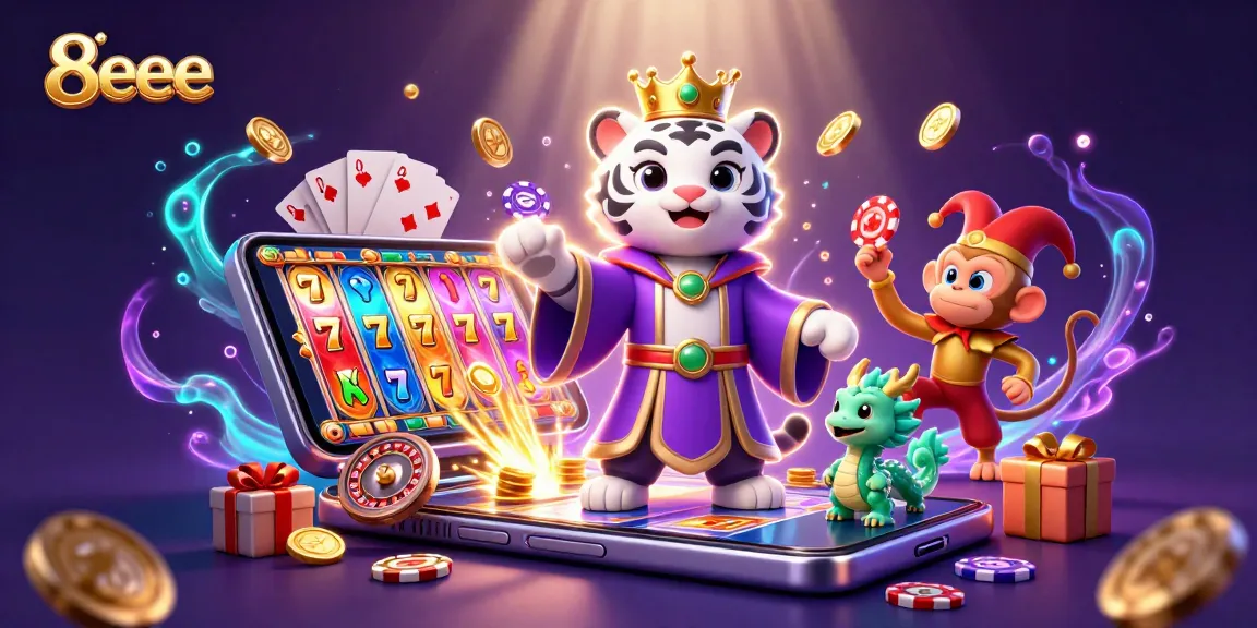 Engage with 8eee's vibrant casino experience featuring dynamic characters and colorful slot games.
