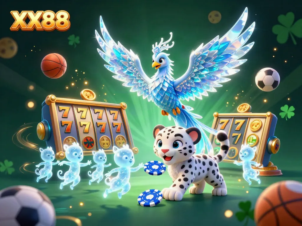 Experience the vibrant excitement of XX88 with an illustrated casino scene featuring a dazzling ice phoenix and playful elements.