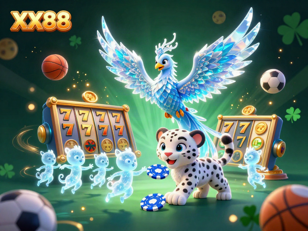Experience the vibrant excitement of XX88 with an illustrated casino scene featuring a dazzling ice phoenix and playful elements.