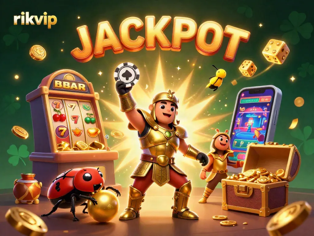 Win big with rikvip as a cartoon beetle champions casino gaming in a vibrant 3D scene.