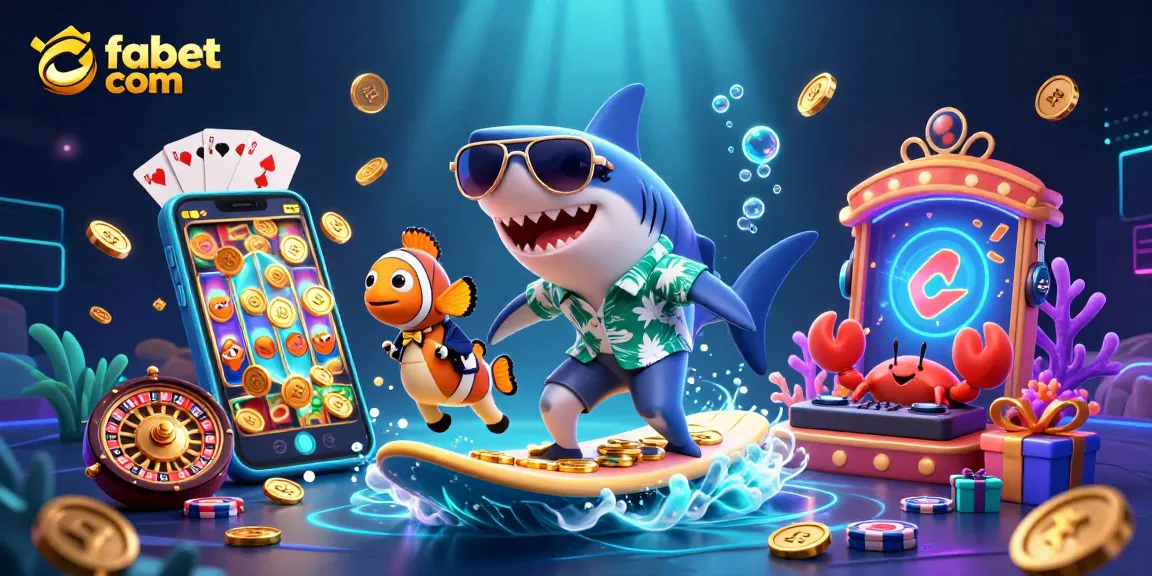 Experience fun wins with fabet com in a vibrant underwater casino scene featuring a shark surfing gold coins.