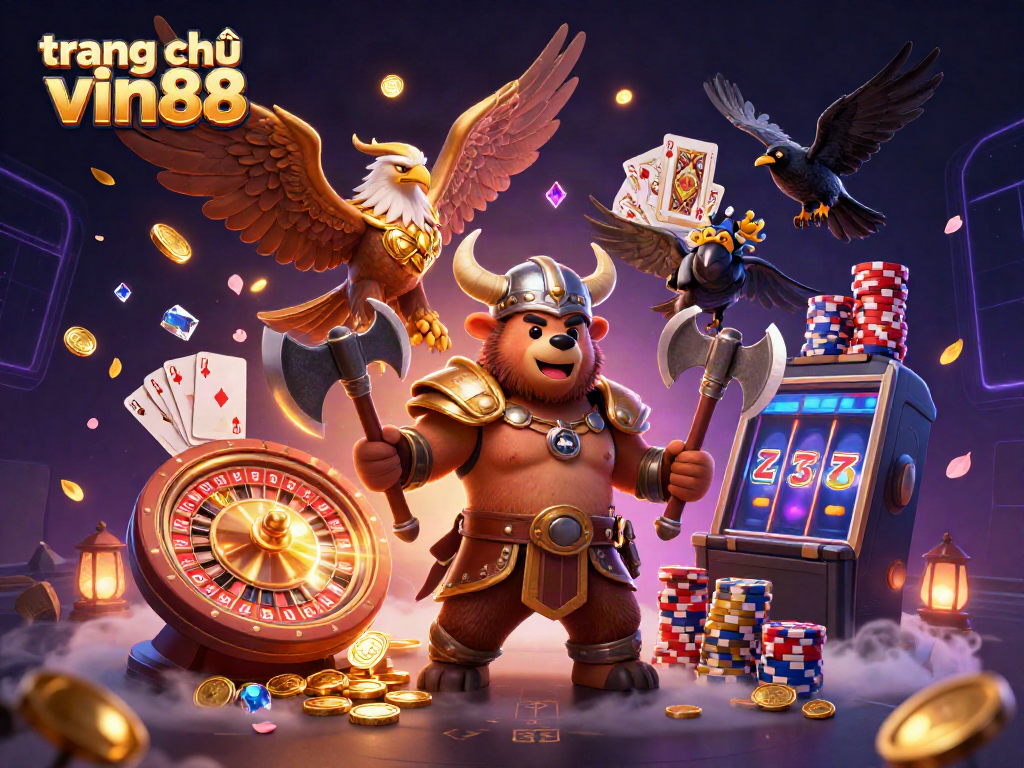 Engage with thrilling gameplay at trang chủ vin88 featuring Viking and eagle characters amidst rich casino elements.