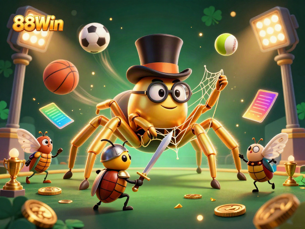 Immerse yourself in 88Win's vibrant casino scene featuring a golden tarantula and beetle knight amidst dynamic sports elements.