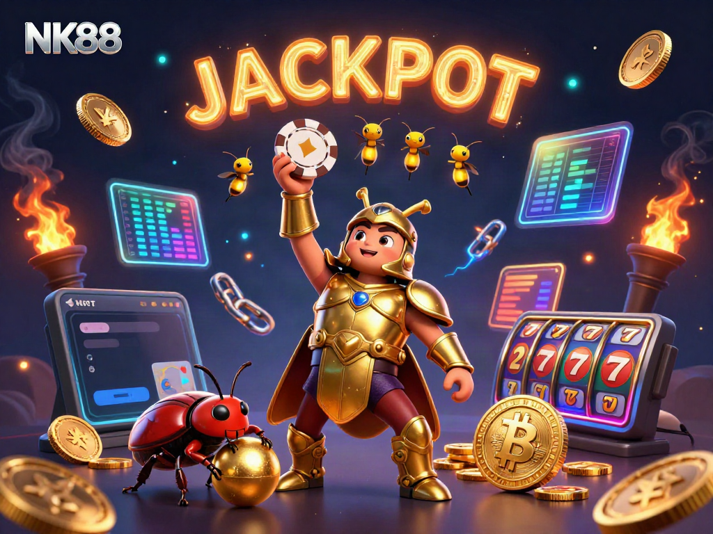Engaging NK88 themed illustration of a heroic beetle and sidekick celebrating a jackpot in a vibrant casino setting.