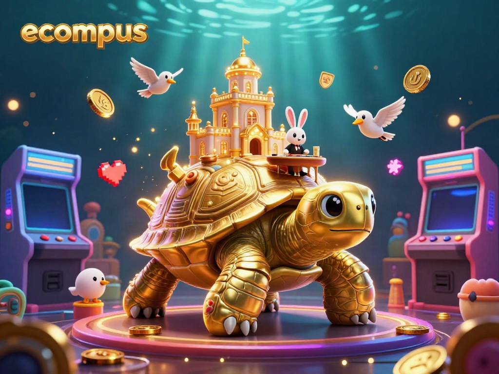 Experience the thrilling ecompus casino adventure with golden tortoise and rabbit dealer.