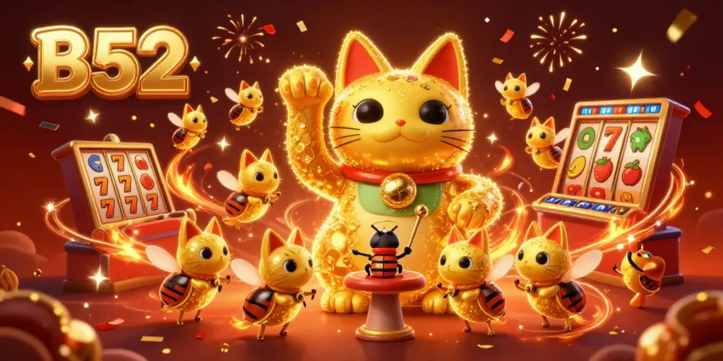 Engage with B52's vibrant casino experience featuring a lucky cat, slots, and firework effects.