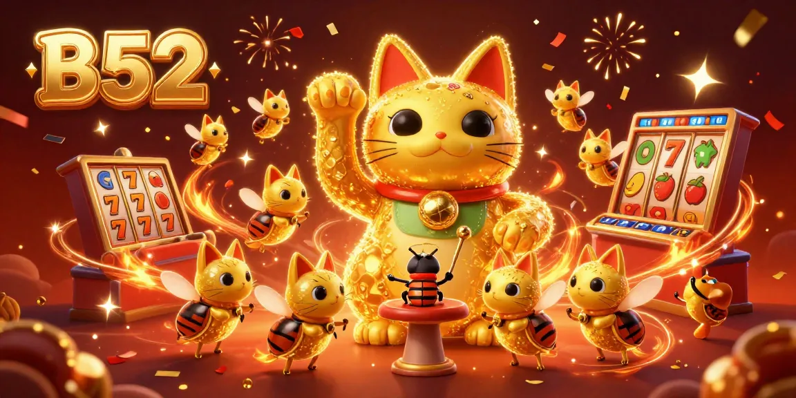 Engage with B52's vibrant casino experience featuring a lucky cat, slots, and firework effects.