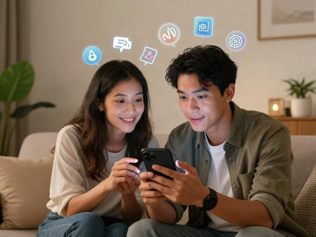 Couple exploring ai sex communication through smartphones in cozy living room.