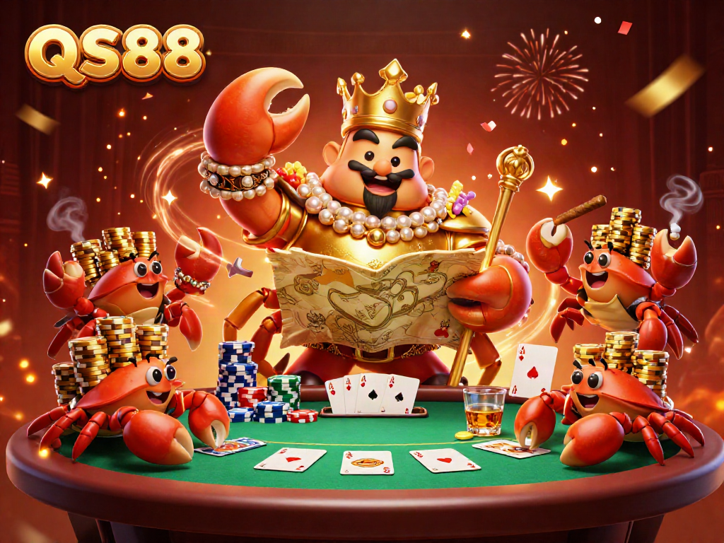 Engage in the thrilling game action at QS88 with a golden crab emperor, poker elements, and celebratory effects.