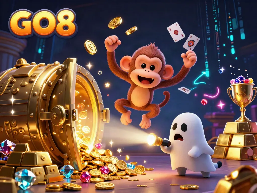Engage in an exciting game at GO8 with a playful monkey juggling gold while a curious puppy tracks it.