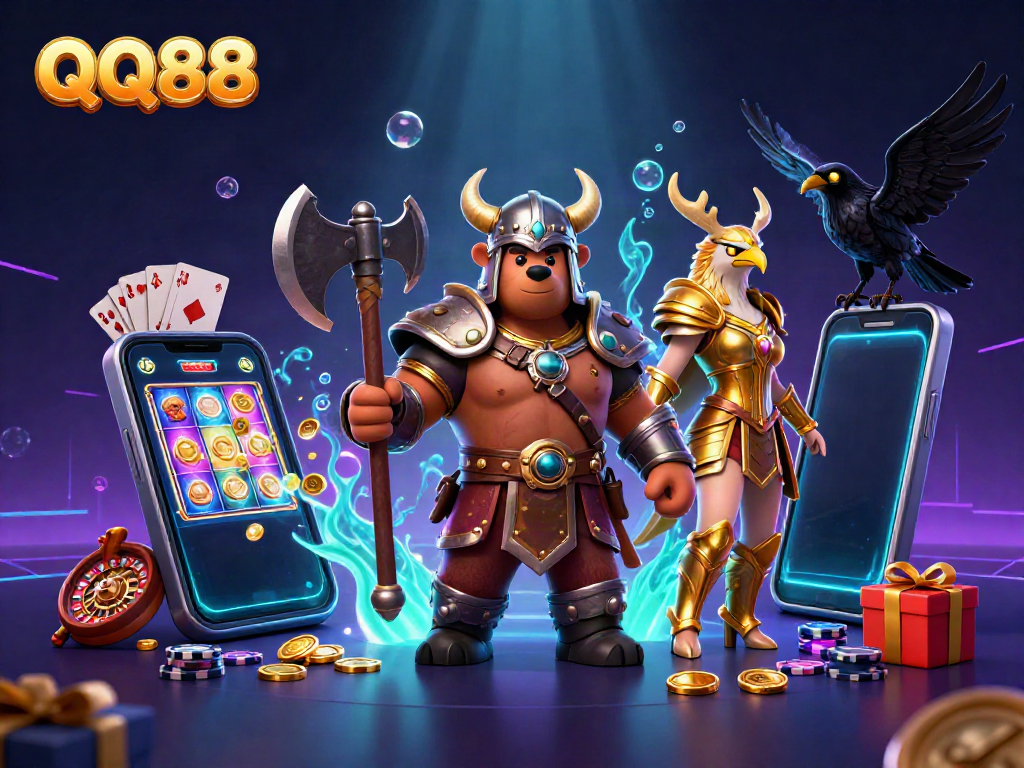 Experience exciting gaming at QQ88 with a fierce Viking bear and Valkyrie eagle in a vibrant casino scene.