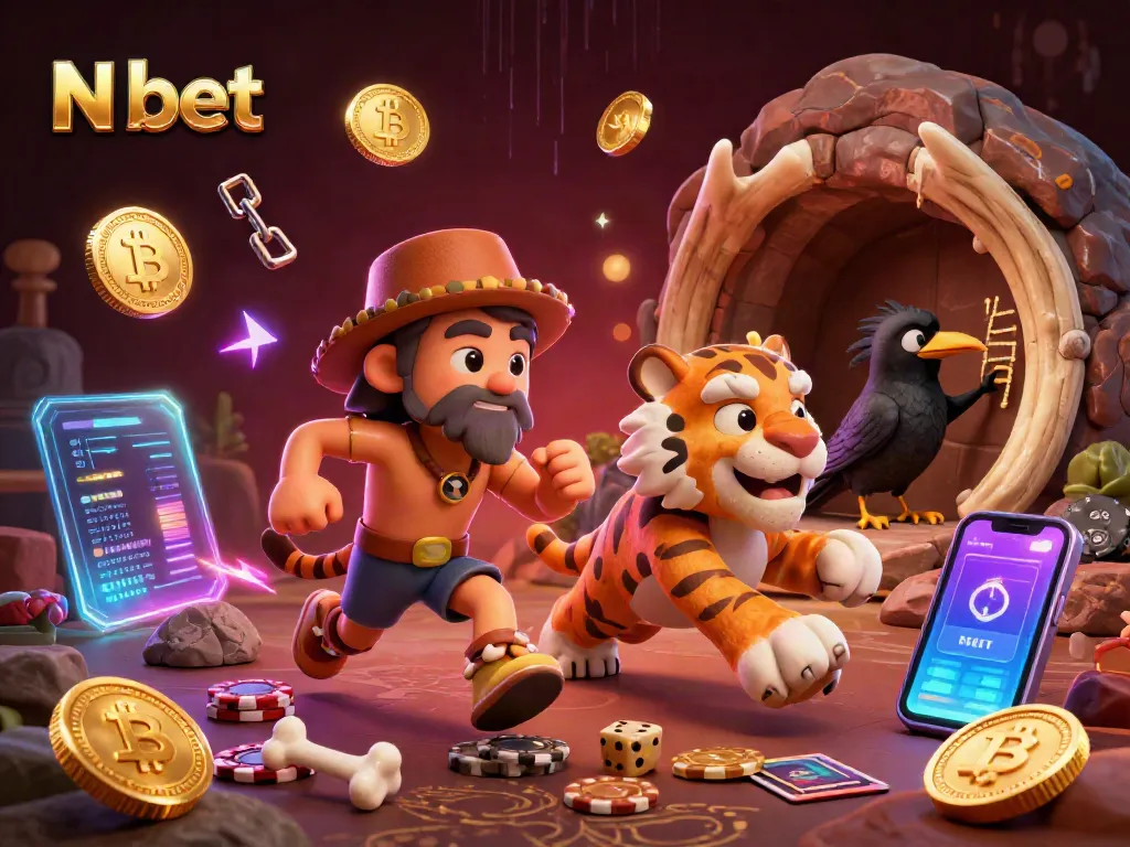 N bet offers an engaging look at a playful caveman and sabertooth casino scene bursting with excitement.
