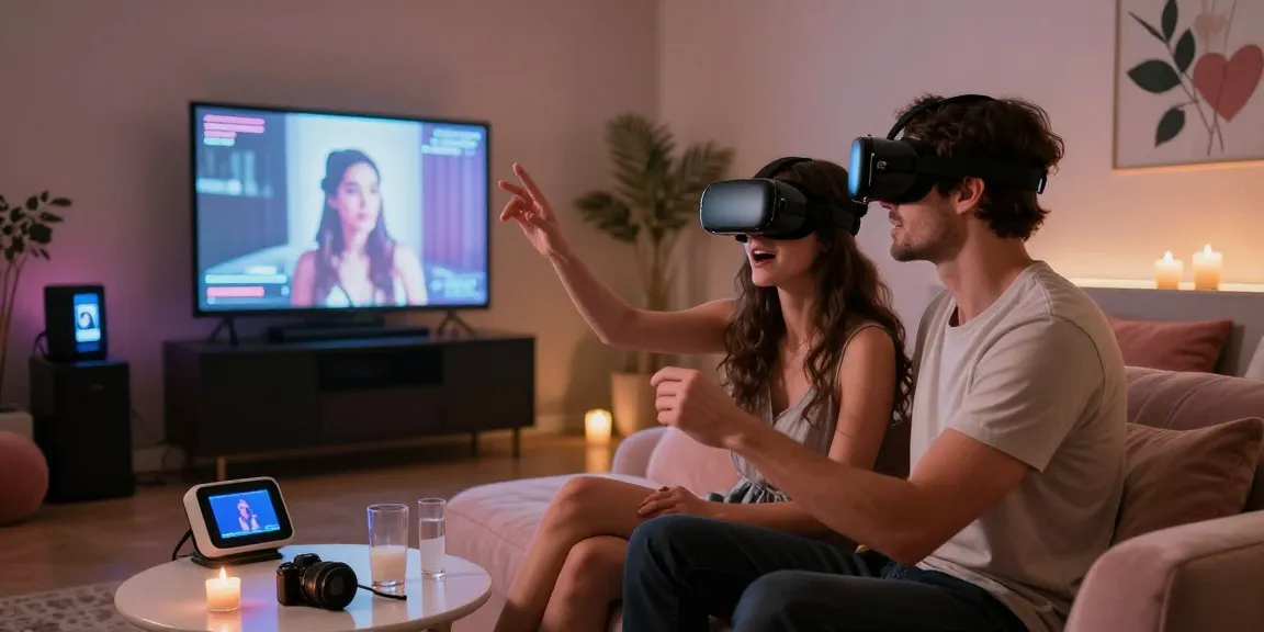 Couple exploring modern ai sex technology in a cozy studio setting.