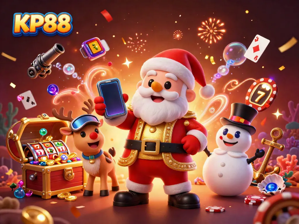 Experience fun at KP88 with a colorful 3D casino scene featuring Santa, a reindeer dealer, and a poker chip snowman.