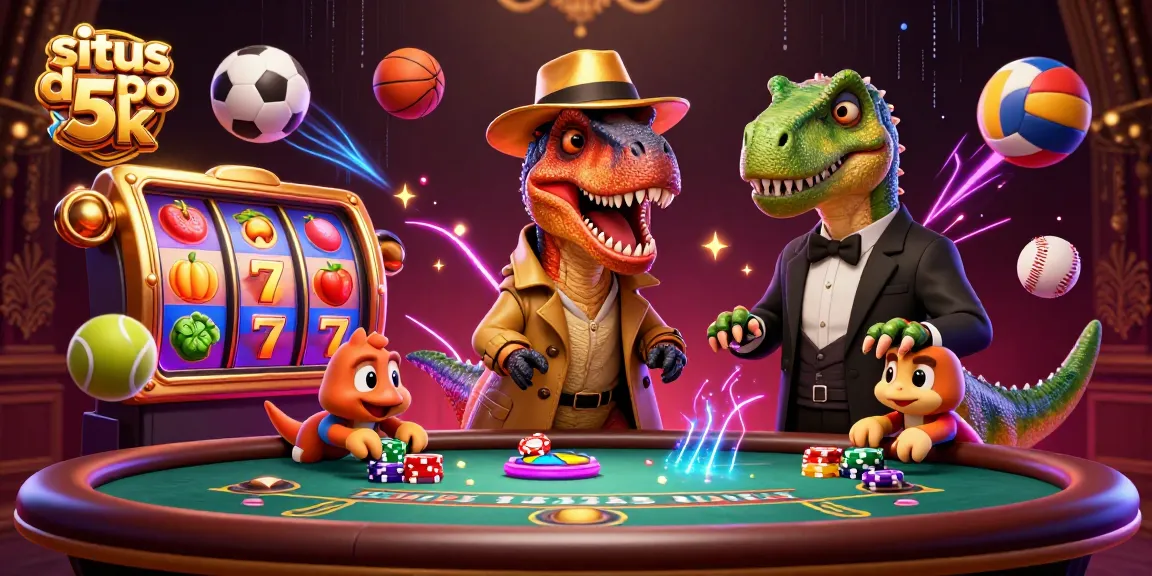 Experience the excitement of situs depo 5k with a playful velociraptor card counter and dynamic casino elements.