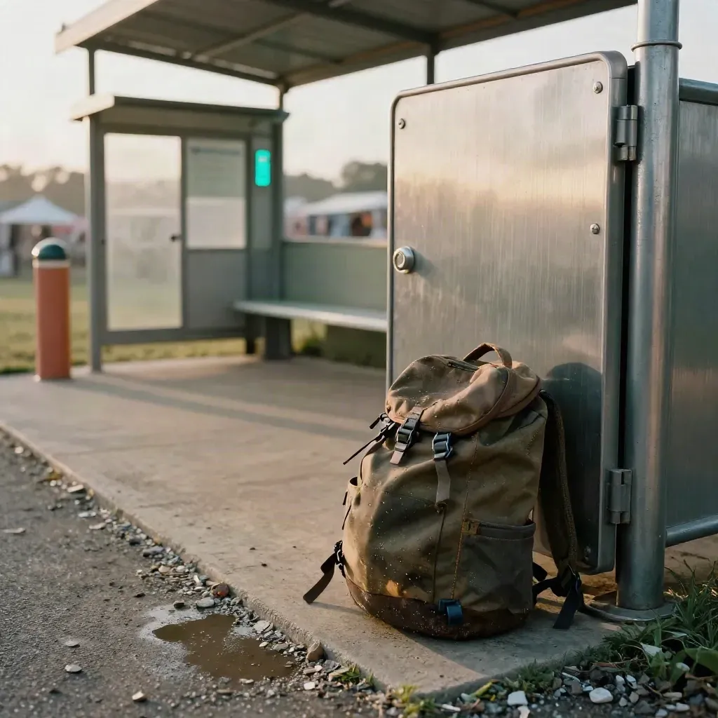 Festival entry gate with shuttle stop and muddy day pack in warm morning haze.