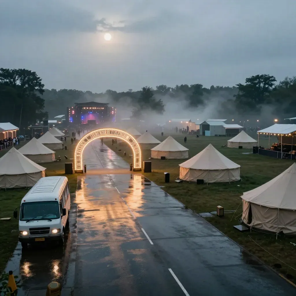 Wet festival arrival lane with shuttle coach, glowing arch, glamping pods and stage towers at night