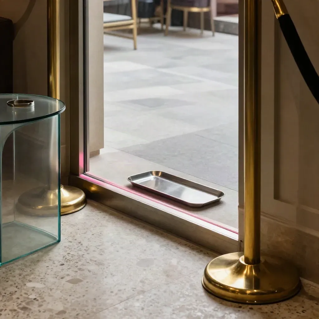 VIP lounge threshold with brass stanchions, smoked glass, wristband tray, and bright deck beyond