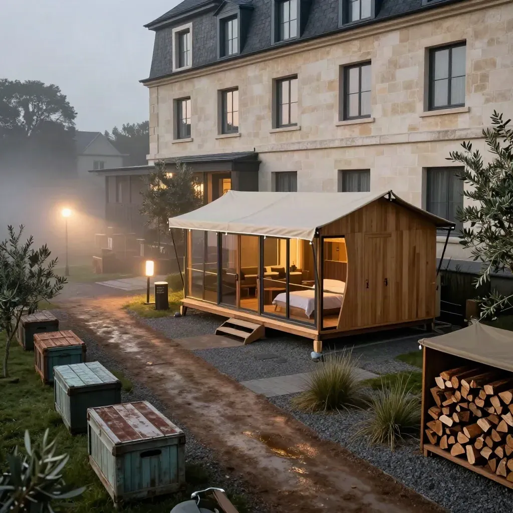 Glamping pod, hotel facade and lit campsite path in evening mist