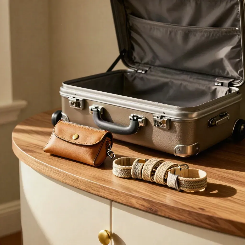 Weekend travel bundle with key pouch, wristbands, and coach luggage bay on a walnut console.