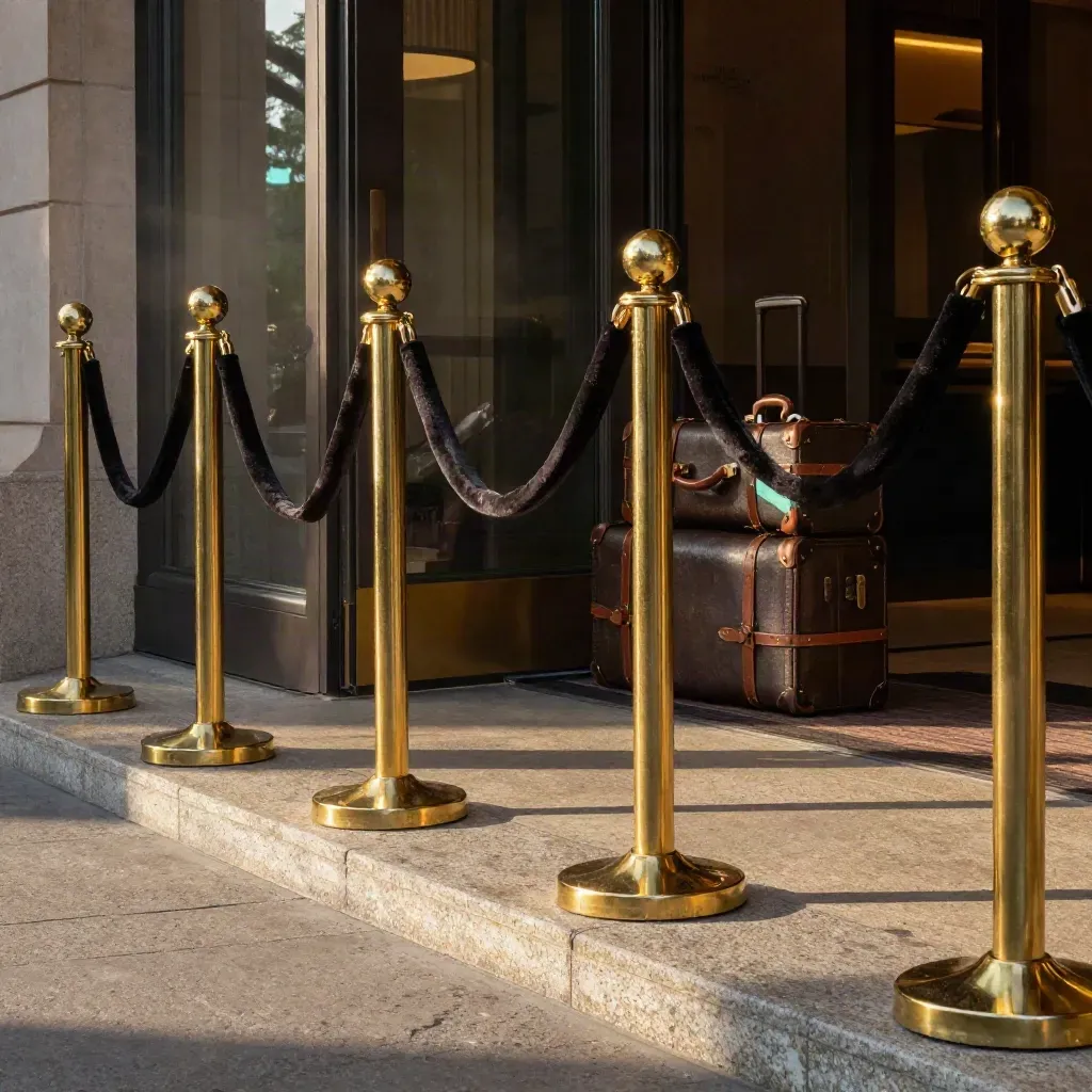 Empty VIP entrance lane with brass barriers, lounge doorway and stacked rail luggage.
