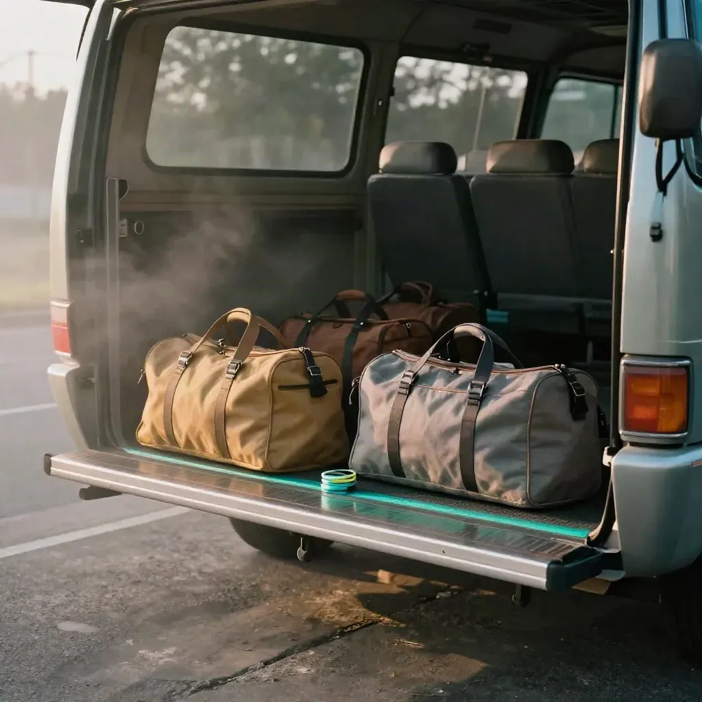 Open coach loading bay with duffels, wristband stacks, and haze in a teal-lit departure moment.