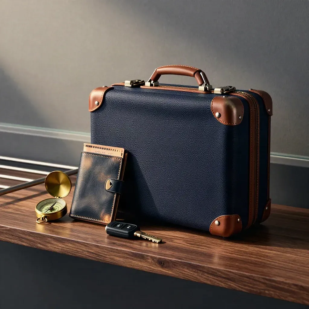 Mini suitcase, rail wallet, ferry key fob and compass on a walnut shelf with moody studio light.