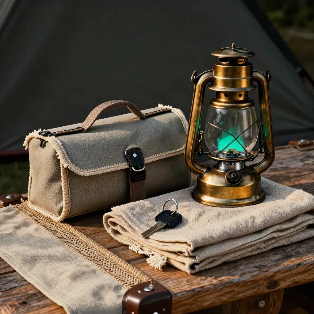 Canvas tent peg case, folded throw, lantern and key fob nested in a glamping kit.