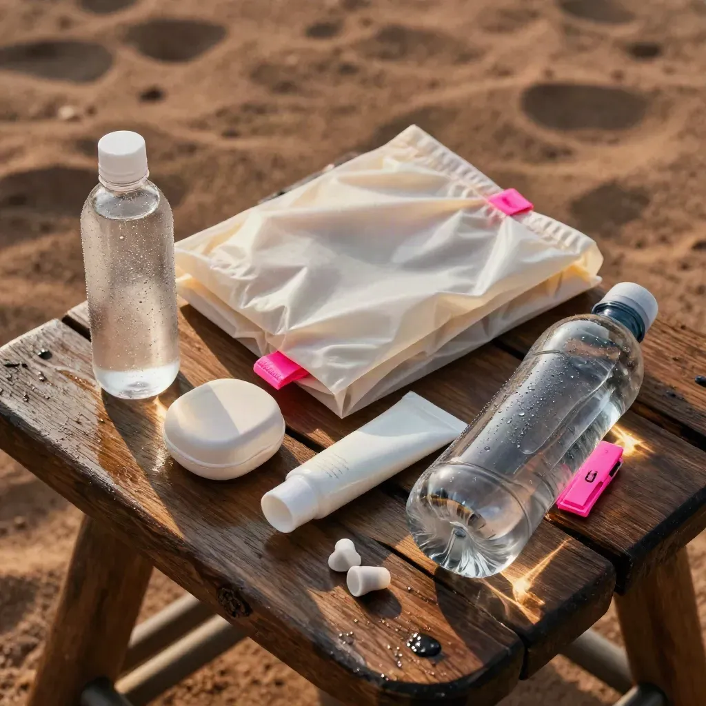 Festival comfort kit with water bottles, poncho, sunscreen and earplugs on a rustic camp stool.
