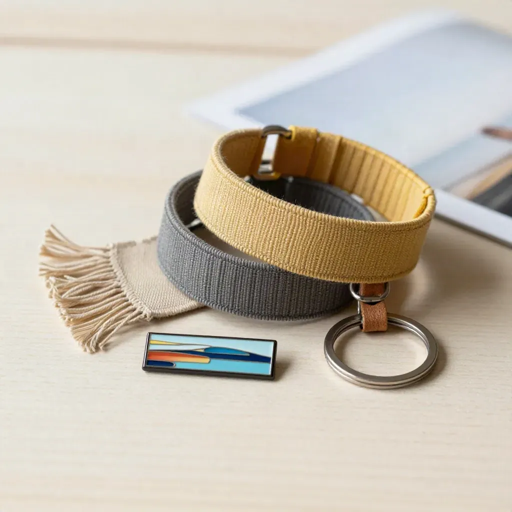 Wristband rolls, enamel pin and route keyring on pale wood in soft side light.